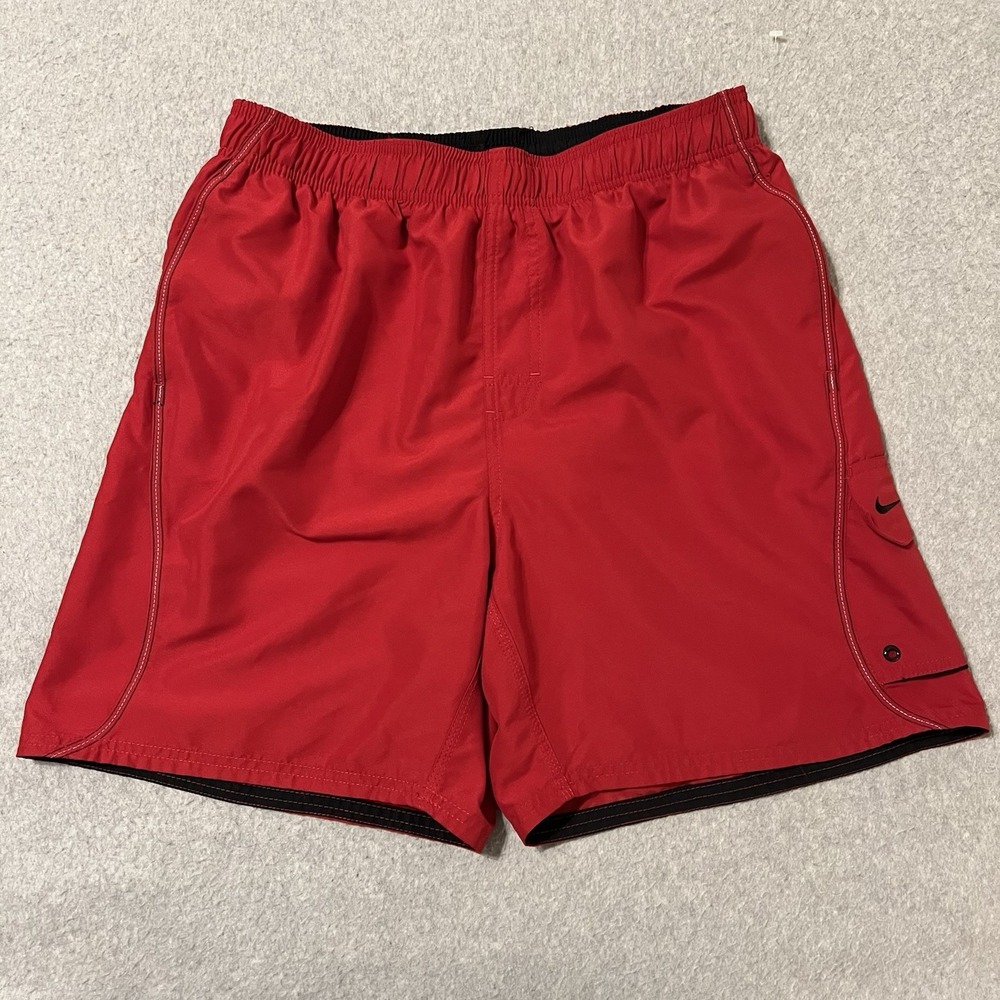 Nike Shorts Men's Large Red Swim Trunks Drawstring Pockets Swoosh Lined Cargo